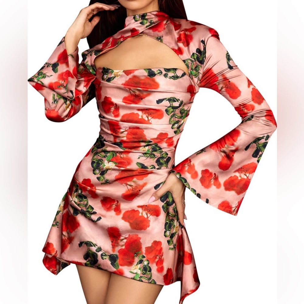 House of CB Toira Long-Sleeve Satin Corset Mini Dress Sz L+